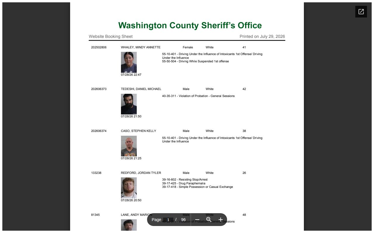 Washington County weekly bookings page used when checking 24-hour releases