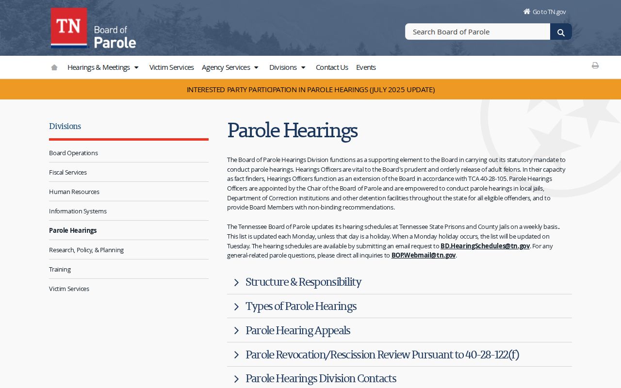 Washington County post-release supervision parole hearing schedule information