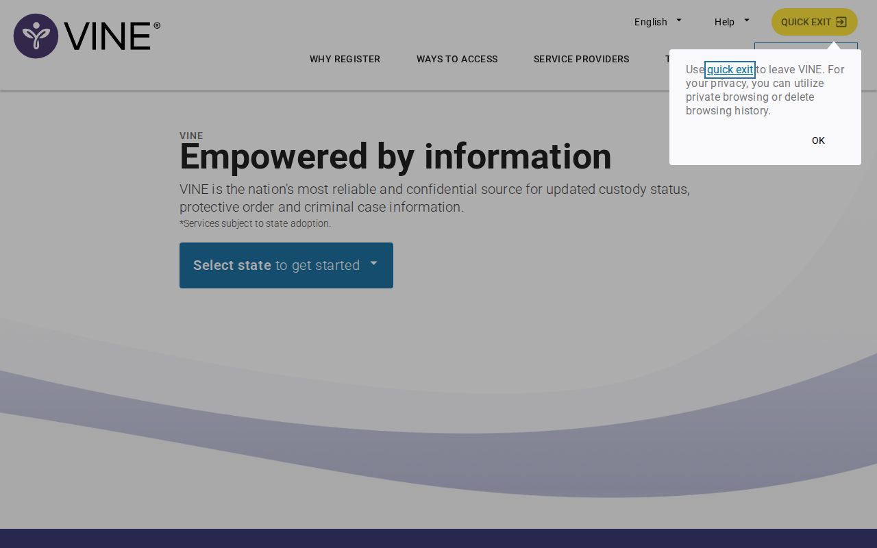 Tennessee VINE inmate check screen for a Washington County custody search